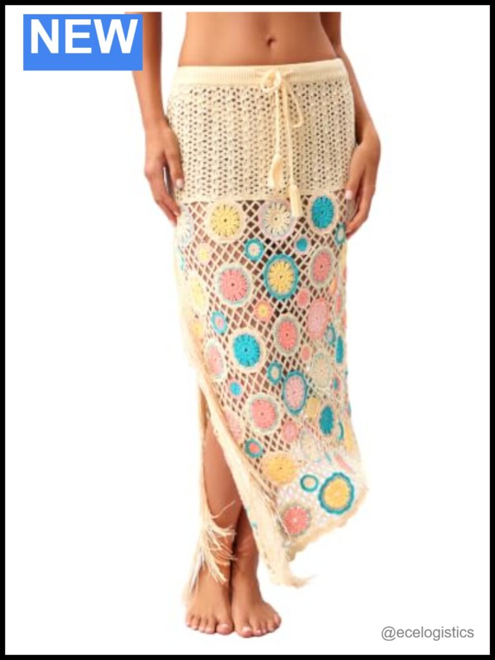Women's Crochet Boho Fringe Maxi Skirt Drawstring Cover Up